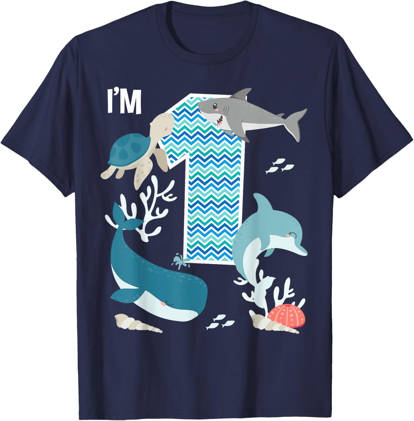 Kids 1 Year Old Ocean Life Whale Dolphin Shark 1st Birthday T-Shirt - T-Shirt | Navy
