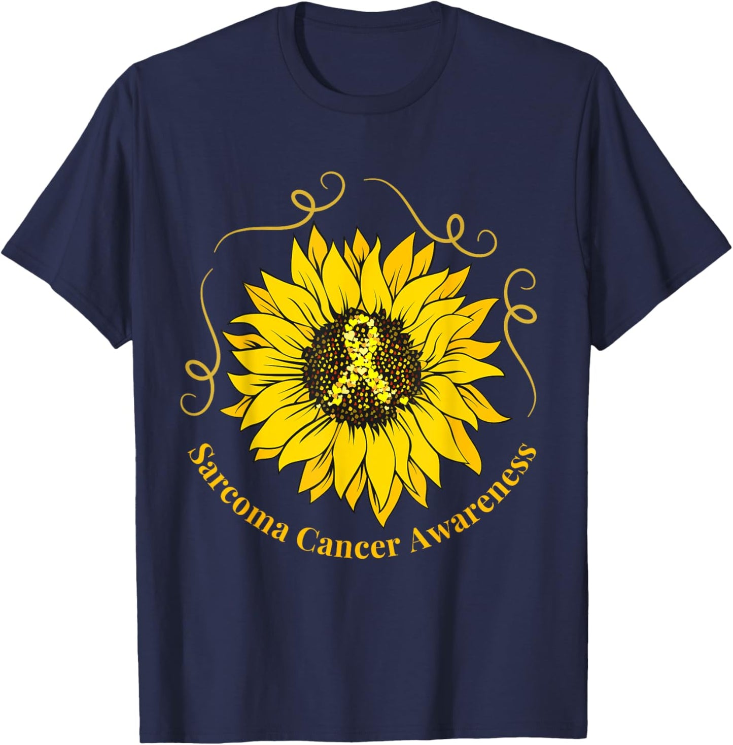 Sarcoma Cancer Awareness Sunflower Yellow Ribbon Support T-Shirt - T-Shirt | Navy