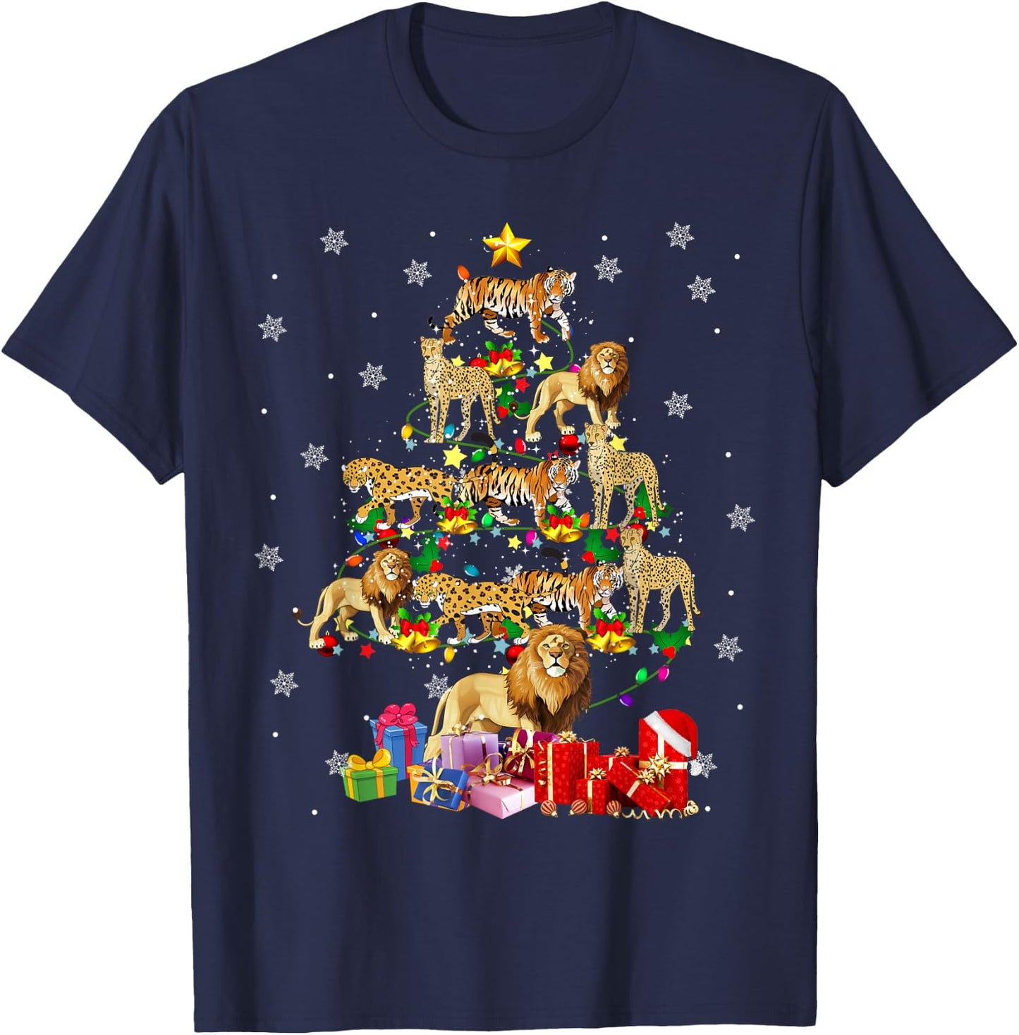 Wild Animal Christmas Tree Xmas Lion Tiger Cheetah Leopard T-Shirt - T-Shirt | Navy