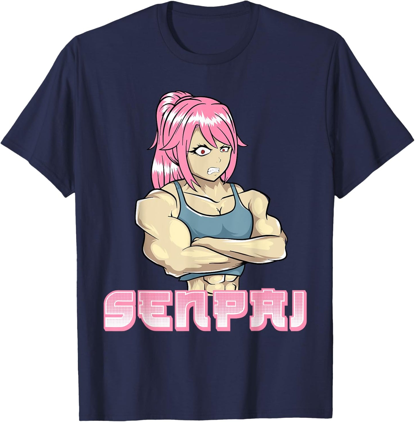 Senpai Muscle Muscular Girl Gym Workout Manga Japanese Anime T-Shirt - T-Shirt | Navy