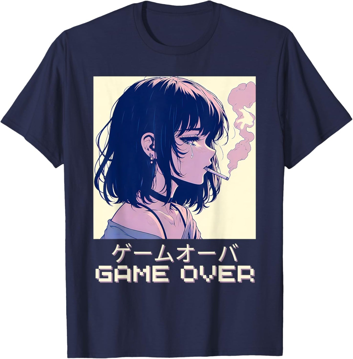 90s Japanese Sad Anime Girl Game Over Vaporwave Aesthetic T-Shirt - T-Shirt | Navy