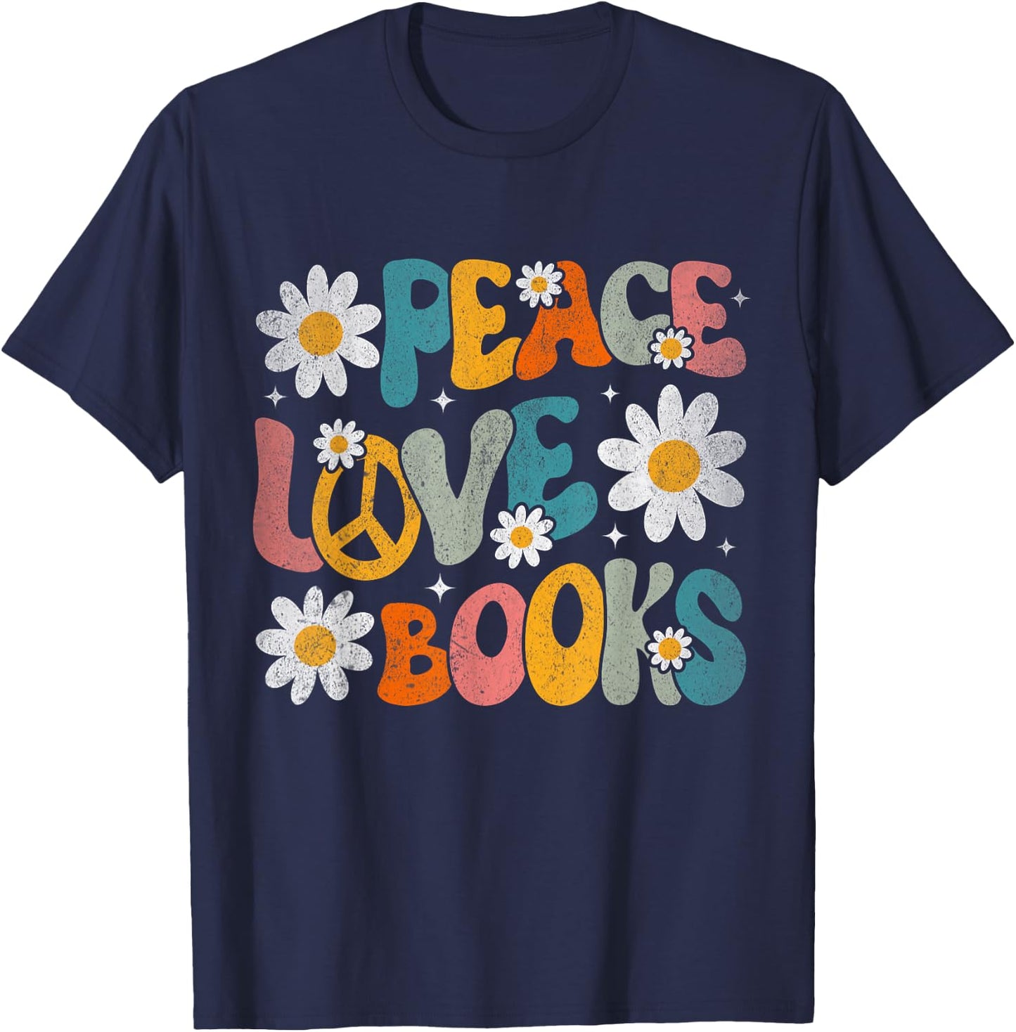 Peace Love Books Bookworm Librarian Reading Teacher Groovy T-Shirt - T-Shirt | Navy