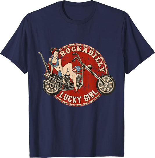 Motorcycle Pinup Girl Old School Rockabilly Lucky Girl T-Shirt - T-Shirt | Navy
