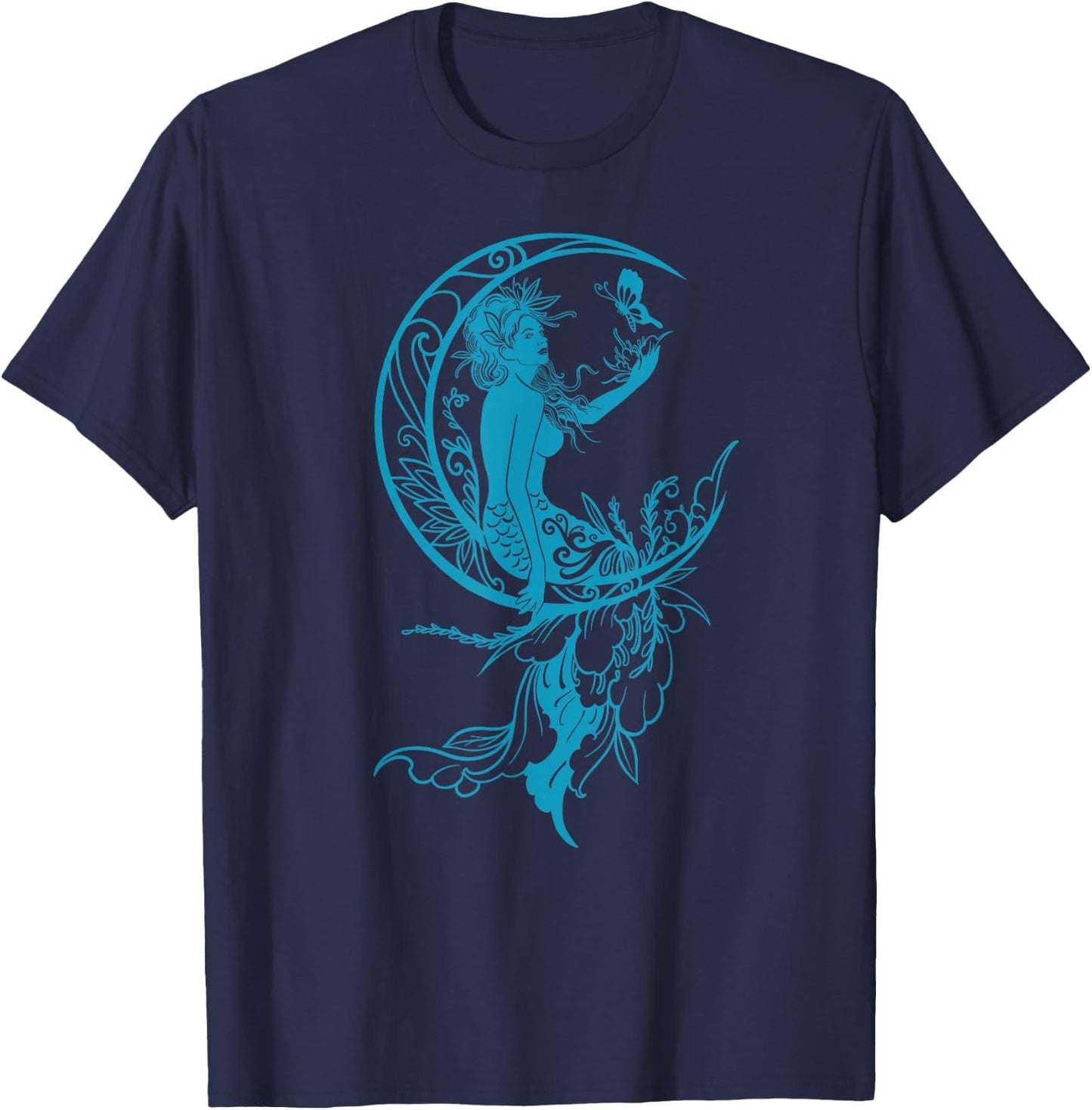 Sea Blue Teal Mermaid Moon Butterfly Gothic Fantasy T-Shirt - T-Shirt | Navy