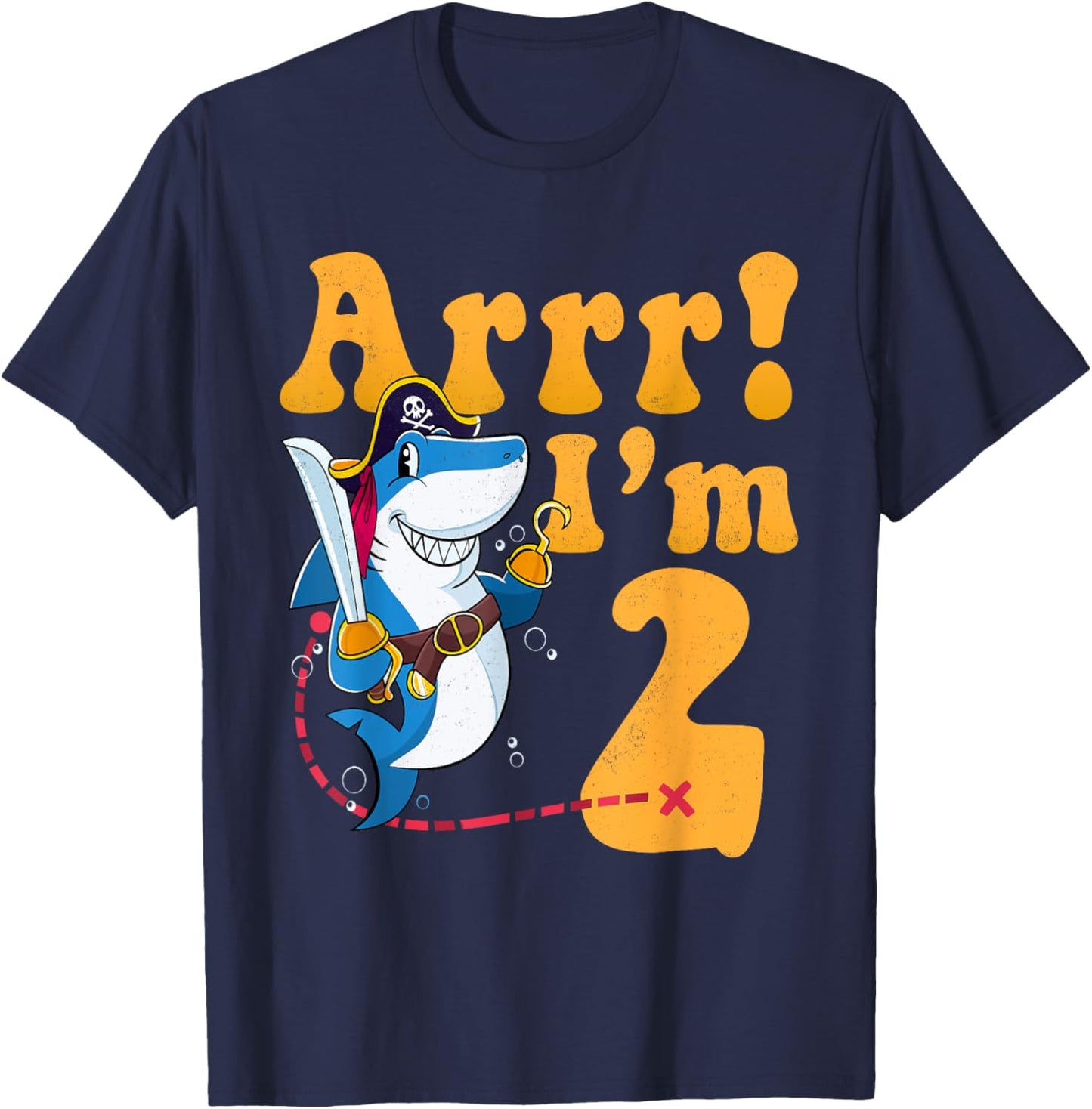 Kids 2nd Shark Pirate Birthday Party 2 Two Years Old Boys T-Shirt - T-Shirt | Navy