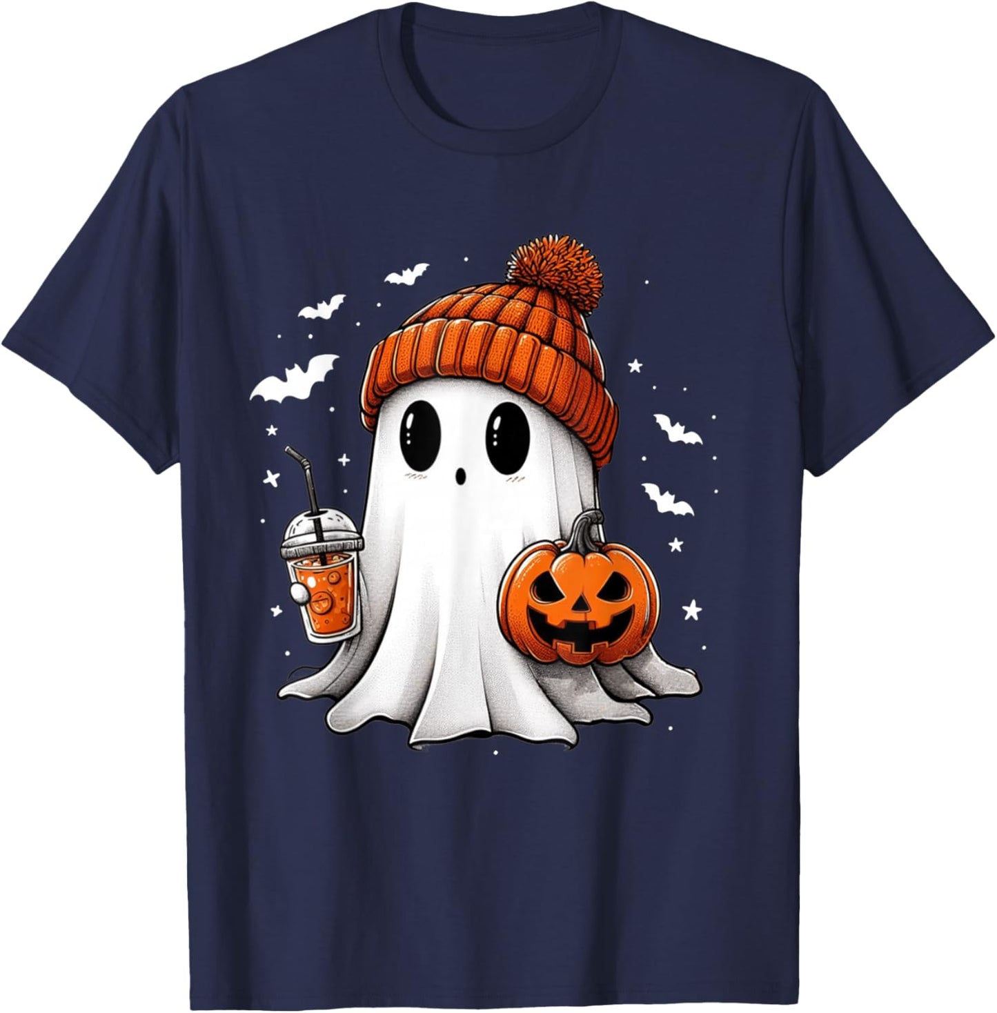 Cute Ghost Drinking Coffee Halloween Ghost Ice Coffee T-Shirt - T-Shirt | Navy