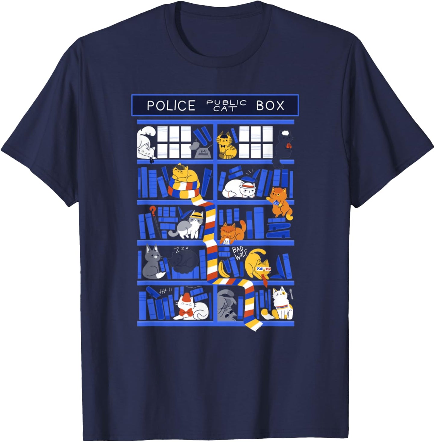Library Box Who Police Box Cute Cat TV Series T-Shirt - T-Shirt | Navy