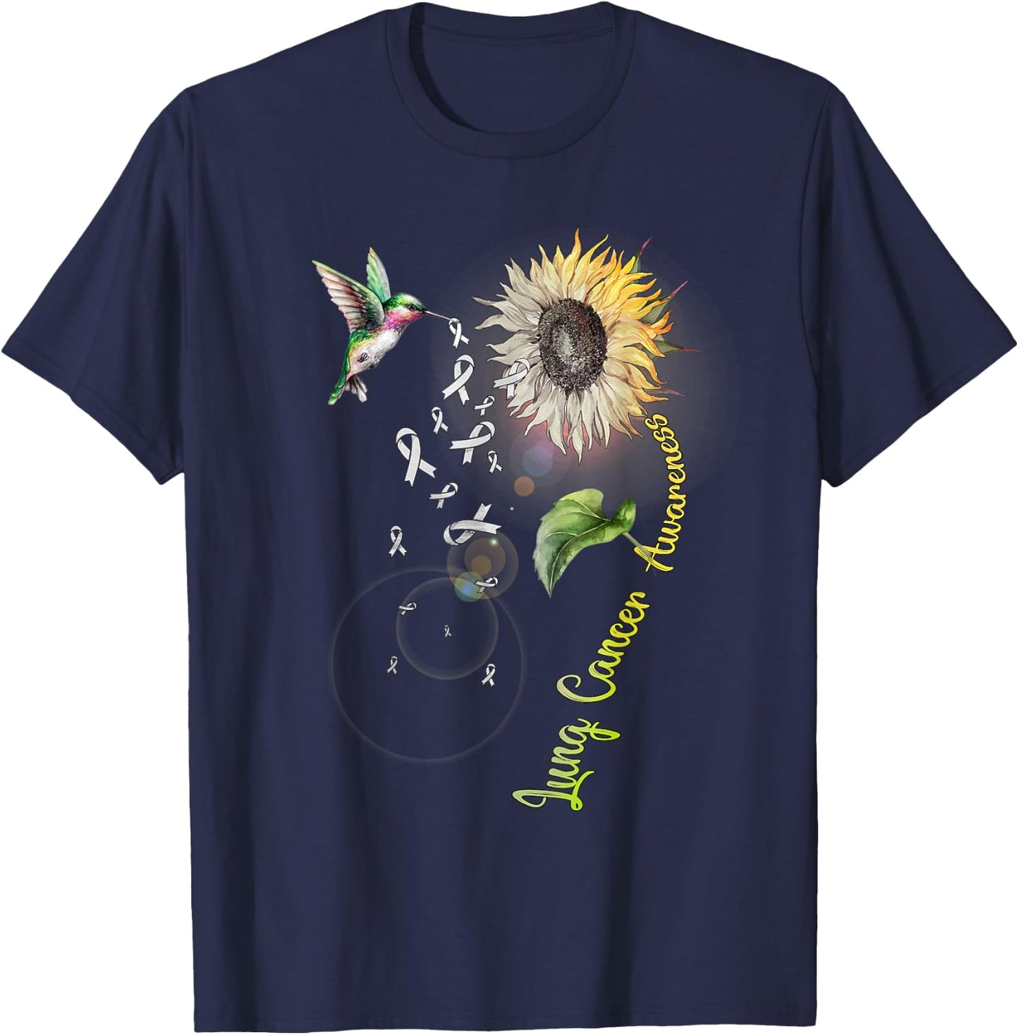 Lung Cancer Sunflower Hummingbird T-Shirt - T-Shirt | Navy