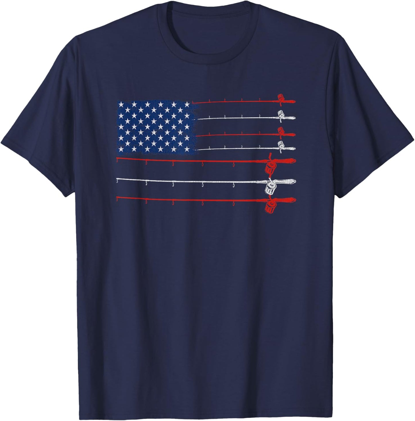 Vintage Fishing Gift | Patriotic American Flag Fishing Poles T-Shirt - T-Shirt | Navy