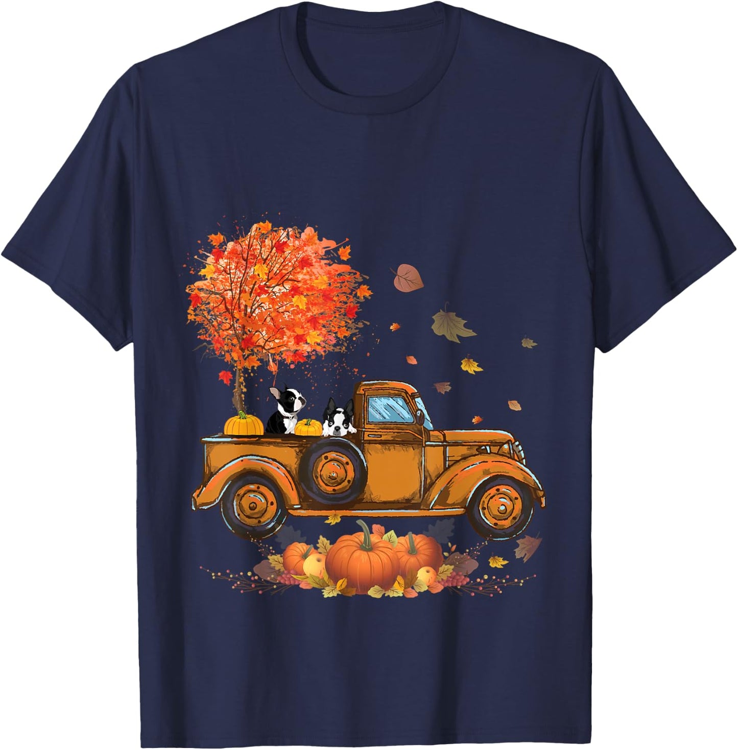 Boston Terrier Pumpkins Truck Autumn Leaf Fall thanksgiving T-Shirt - T-Shirt | Navy