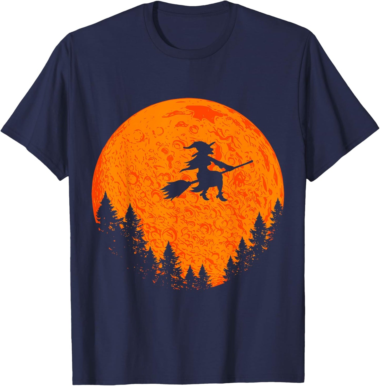 Halloween Vintage Witch On Broom And Moon Group Matching T-Shirt - T-Shirt | Navy