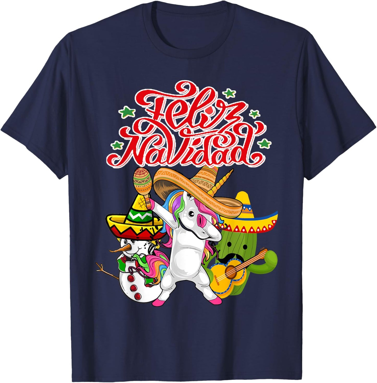 Feliz Navidad Unicorn Cactus Funny Mexican Christmas T-Shirt - T-Shirt | Navy