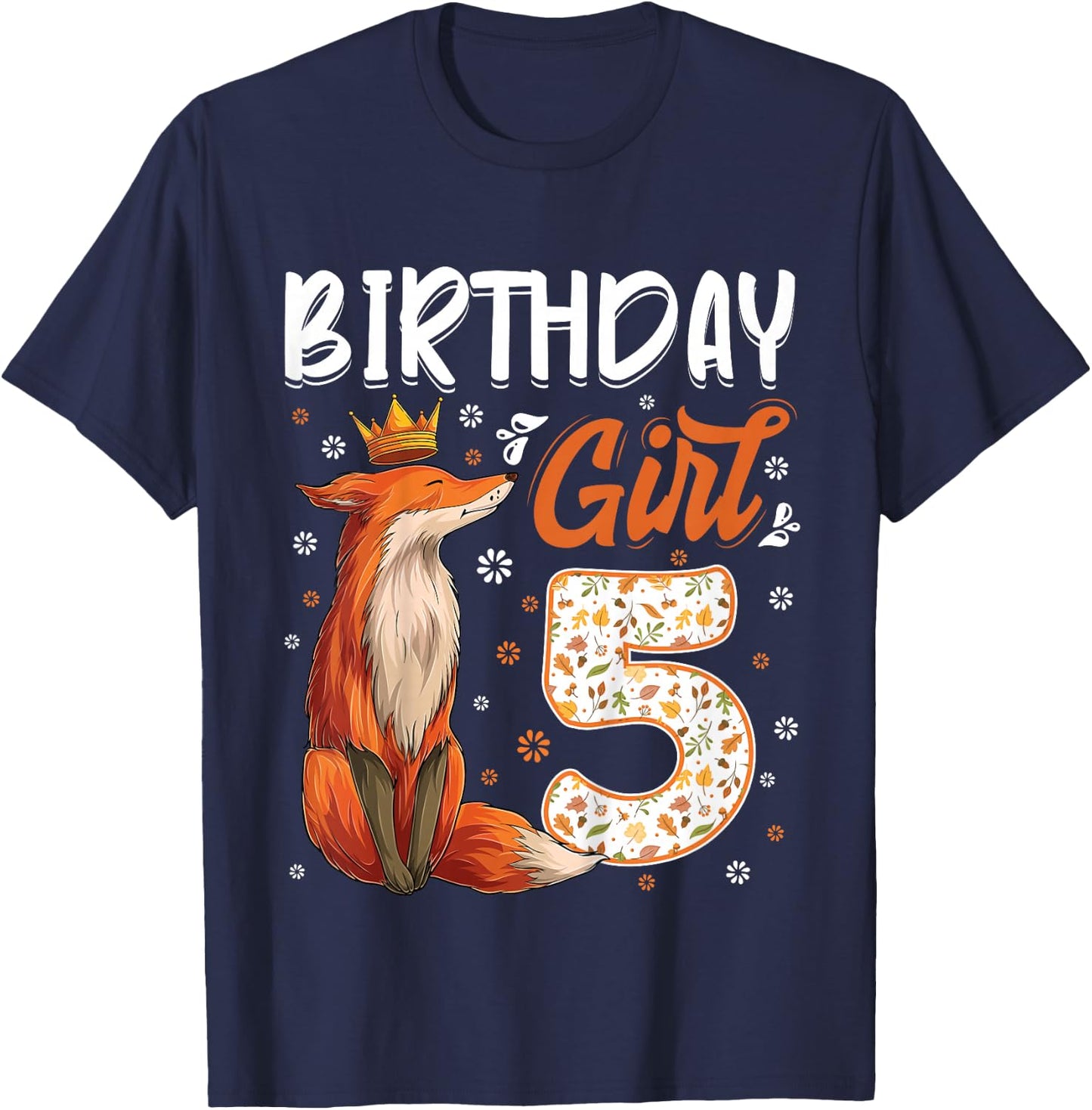 Fox Animal Lovers 5th Birthday Girl Fox B-day 5 year old T-Shirt - T-Shirt | Navy