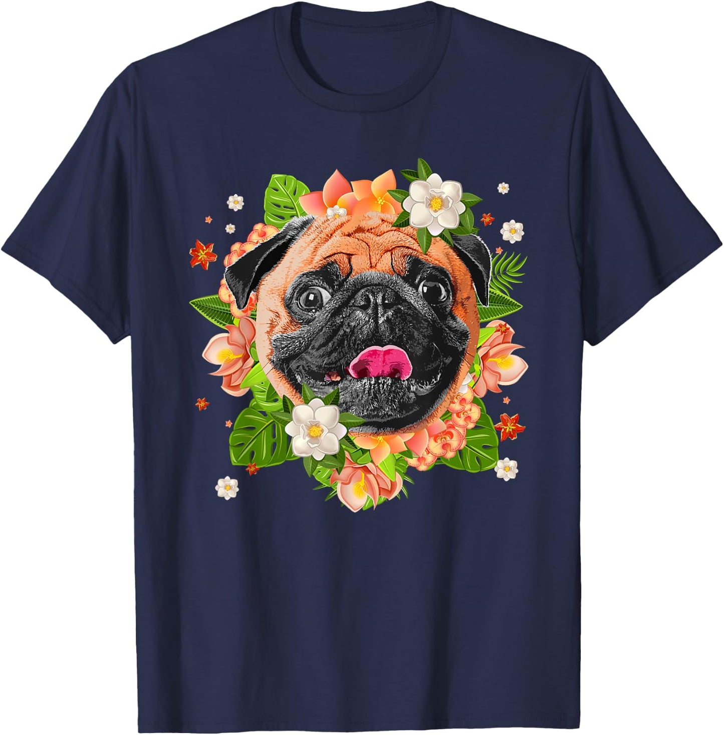 Cool Pug Dog Women Girls Pug Lovers Flower Hawaiian T-Shirt - T-Shirt | Navy