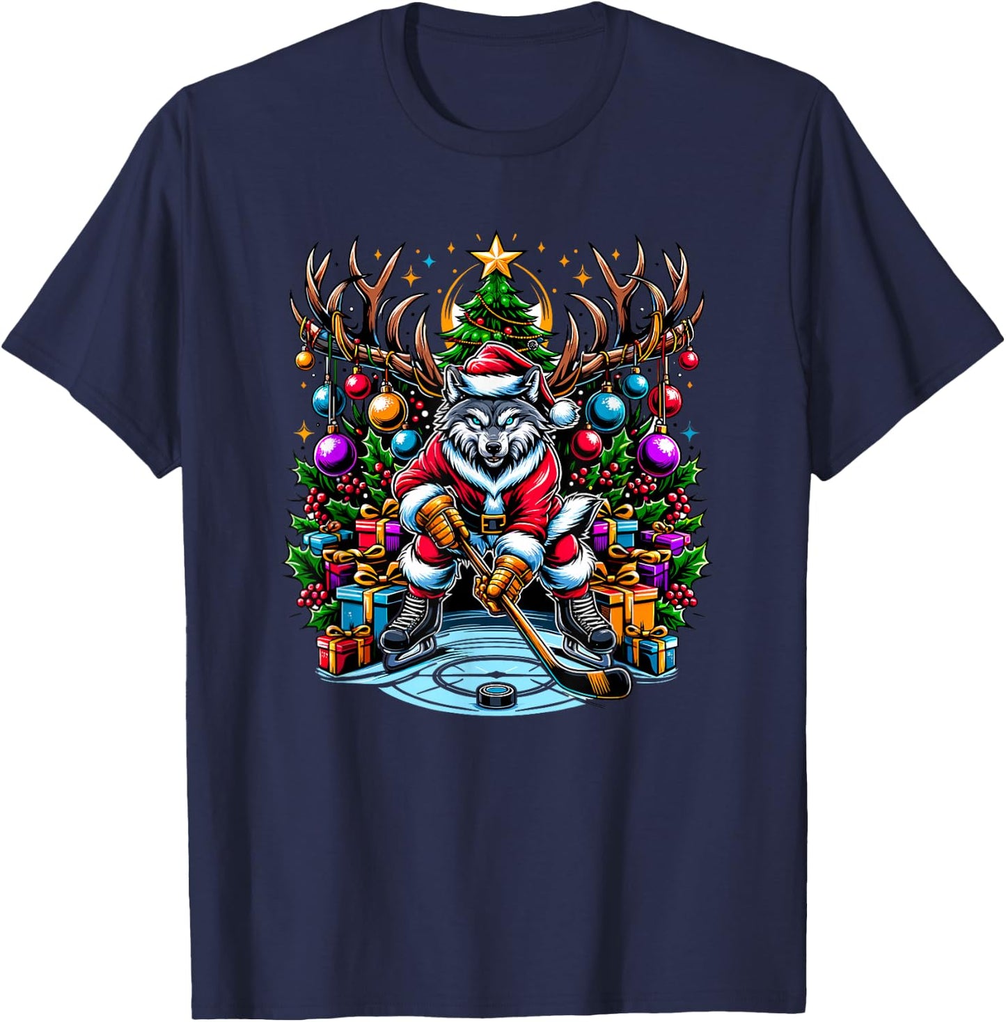 Funny Santa Wolf Playing Hockey Christmas T-Shirt - T-Shirt | Navy