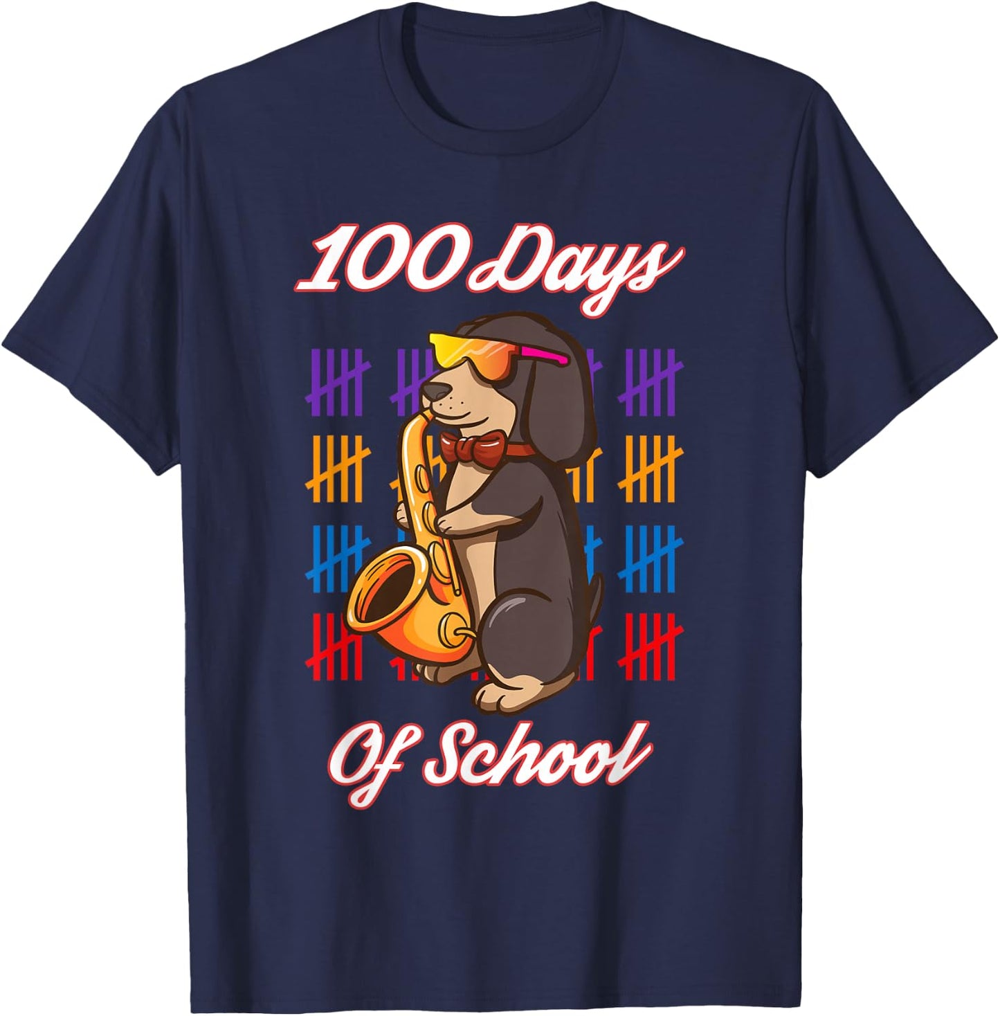 Happy 100 Days Of School For Boys Girls Dachshund Saxophone T-Shirt - T-Shirt | Navy