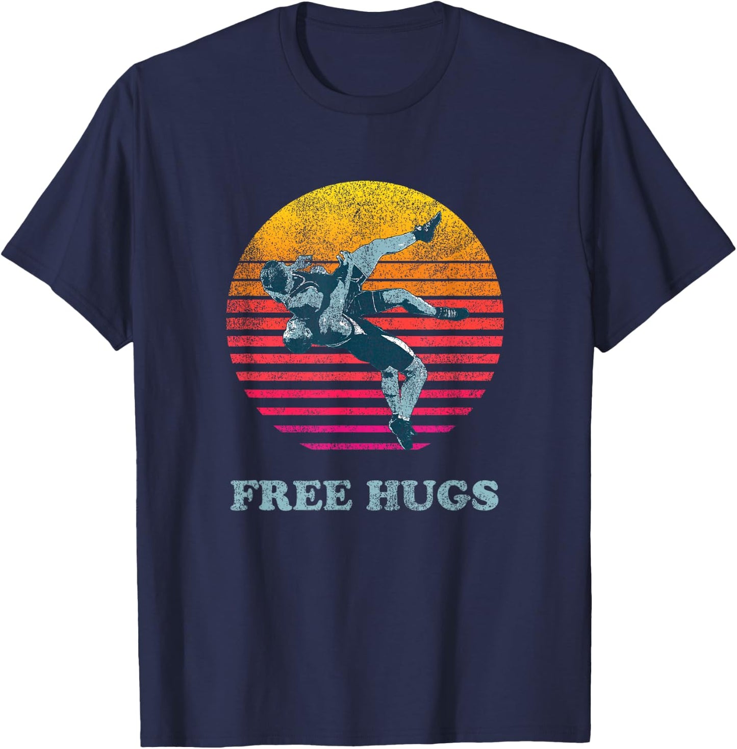 Retro Vintage Faded Cracked 70 80s Style Free Hugs Wrestling T-Shirt - T-Shirt | Navy