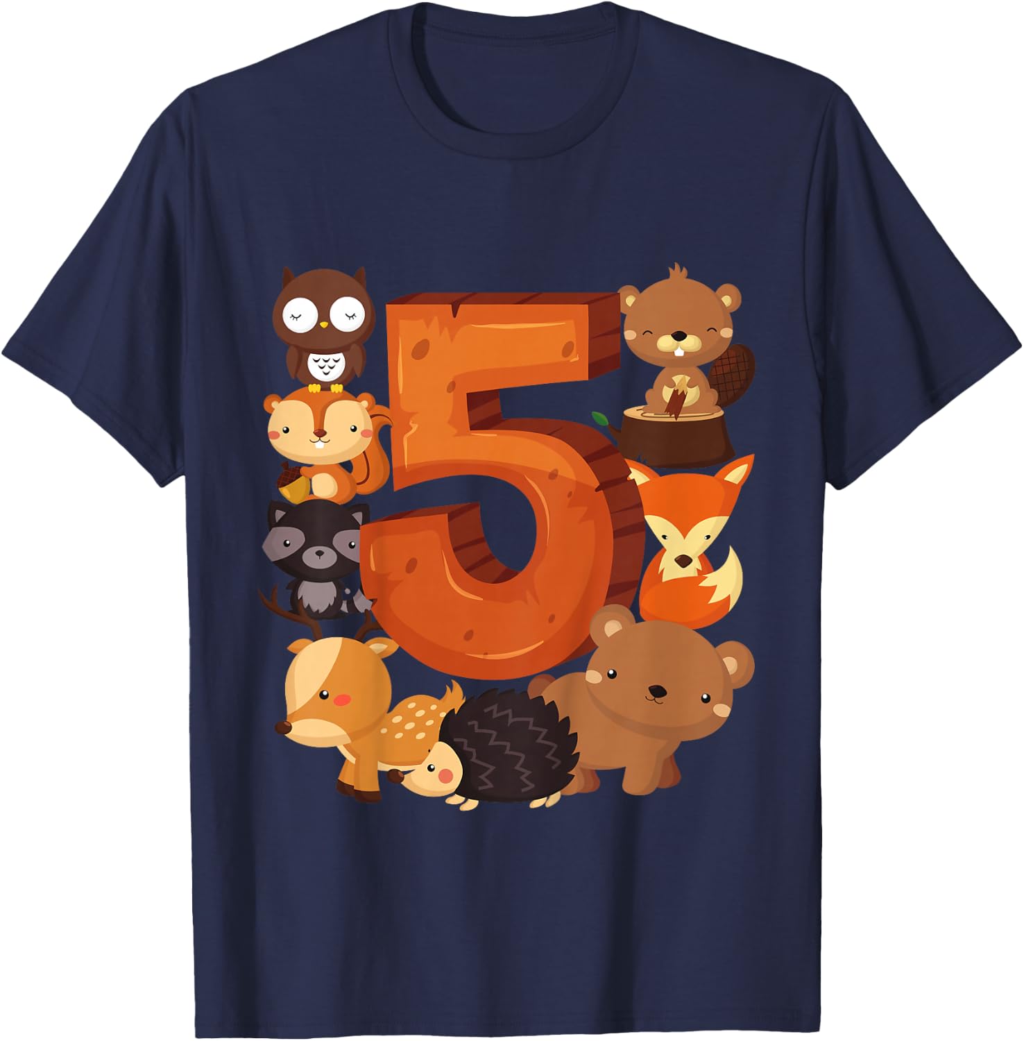 5 Year Old Woodland Animal Birthday Party Forest 5th Gift T-Shirt - T-Shirt | Navy