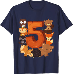5 Year Old Woodland Animal Birthday Party Forest 5th Gift T-Shirt - T-Shirt | Navy