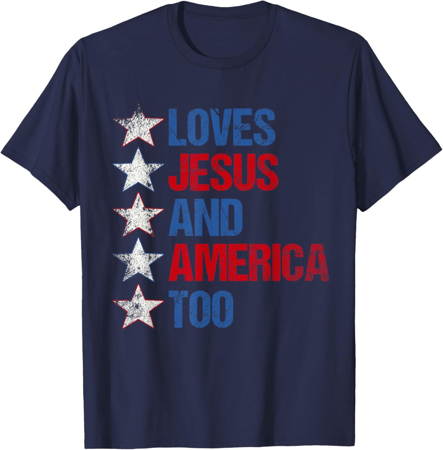 4th Of July Shirt Retro Loves Jesus and America Too Banner T-Shirt - T-Shirt | Navy