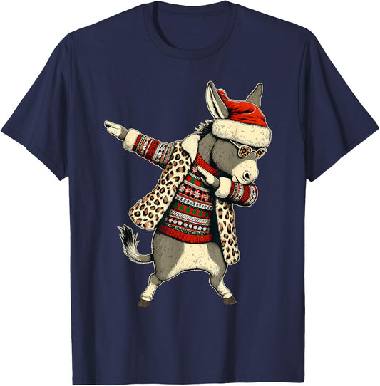 Donkey Leopard Print Dabbing Santa Hat Christmas Pajama Love T-Shirt - T-Shirt | Navy