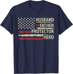 Husband Father Protector Hero Dad American Flag Fathers Day T-Shirt - T-Shirt | Navy