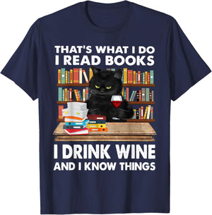 That's What I Do I Read Books I Drink Wine Cat Women T-Shirt - T-Shirt | Navy