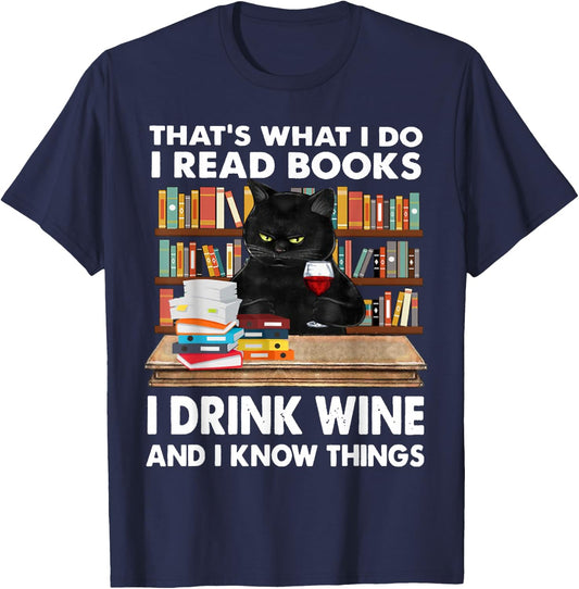 That's What I Do I Read Books I Drink Wine Cat Women T-Shirt - T-Shirt | Navy