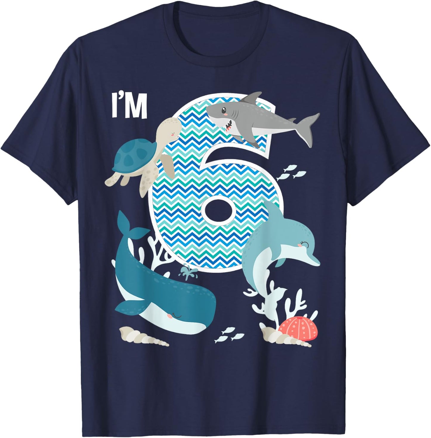 Kids 6 Year Old Ocean Life Whale Dolphin Shark 6th Birthday T-Shirt - T-Shirt | Navy