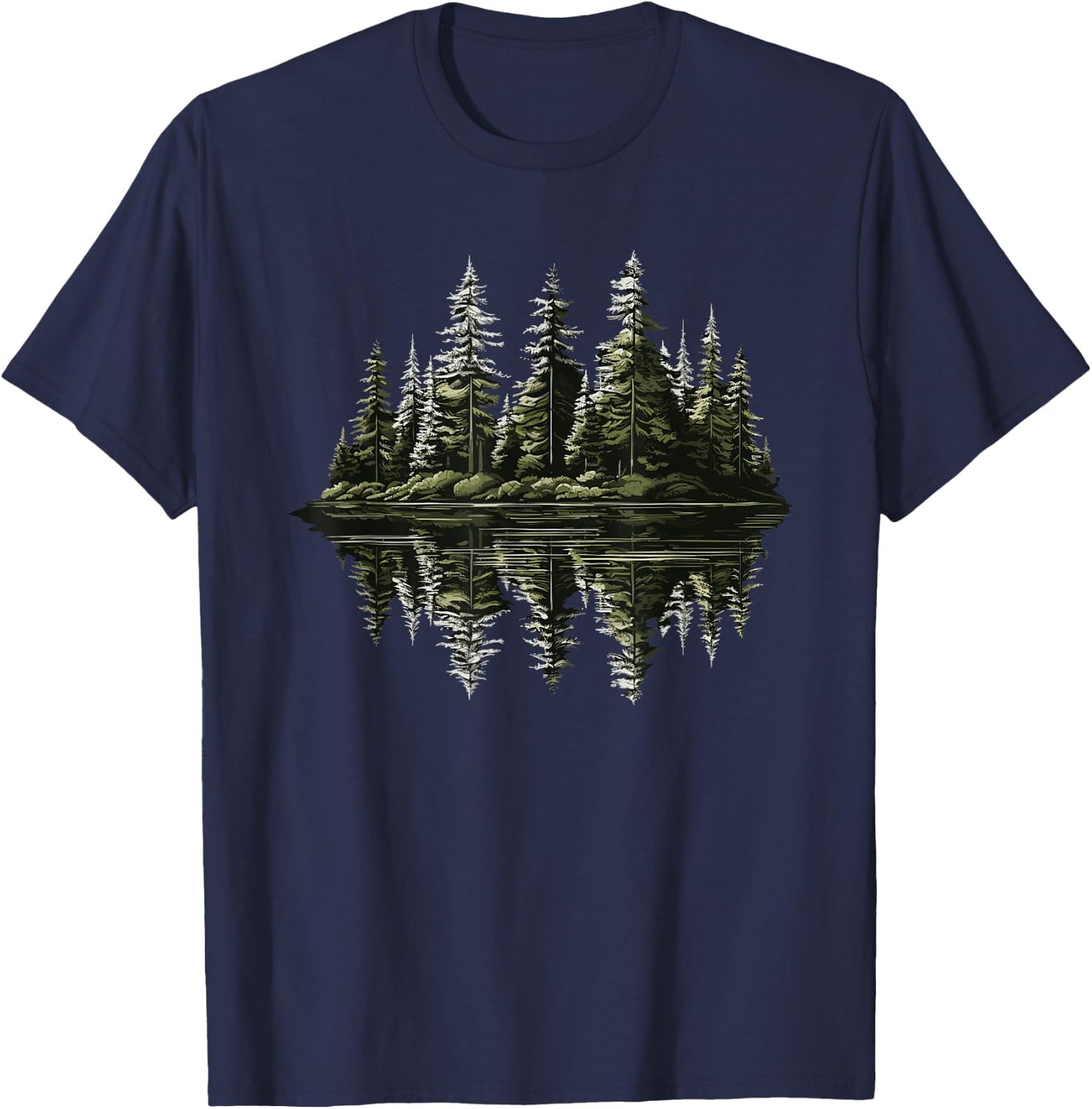 Mountain Landscape Reflection Forest Trees Outdoor Wildlife T-Shirt - T-Shirt | Navy
