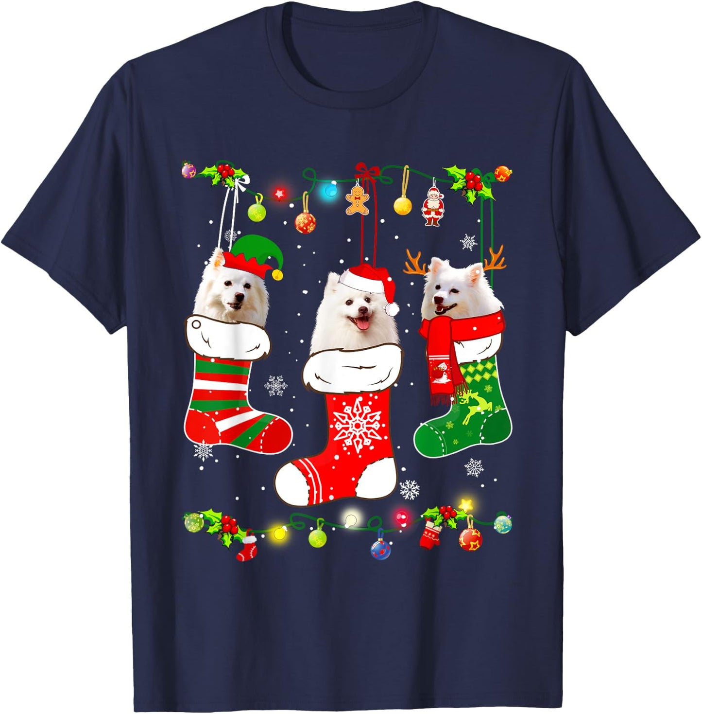 American Eskimo Christmas Lights Funny Puppy Xmas Dog Lover T-Shirt - T-Shirt | Navy