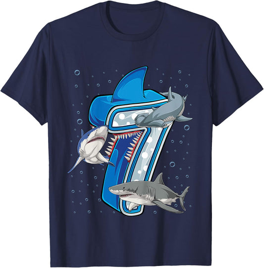 Kids 7th Birthday Boys Shark 7 years Old Ocean Shark B-day T-Shirt - T-Shirt | Navy