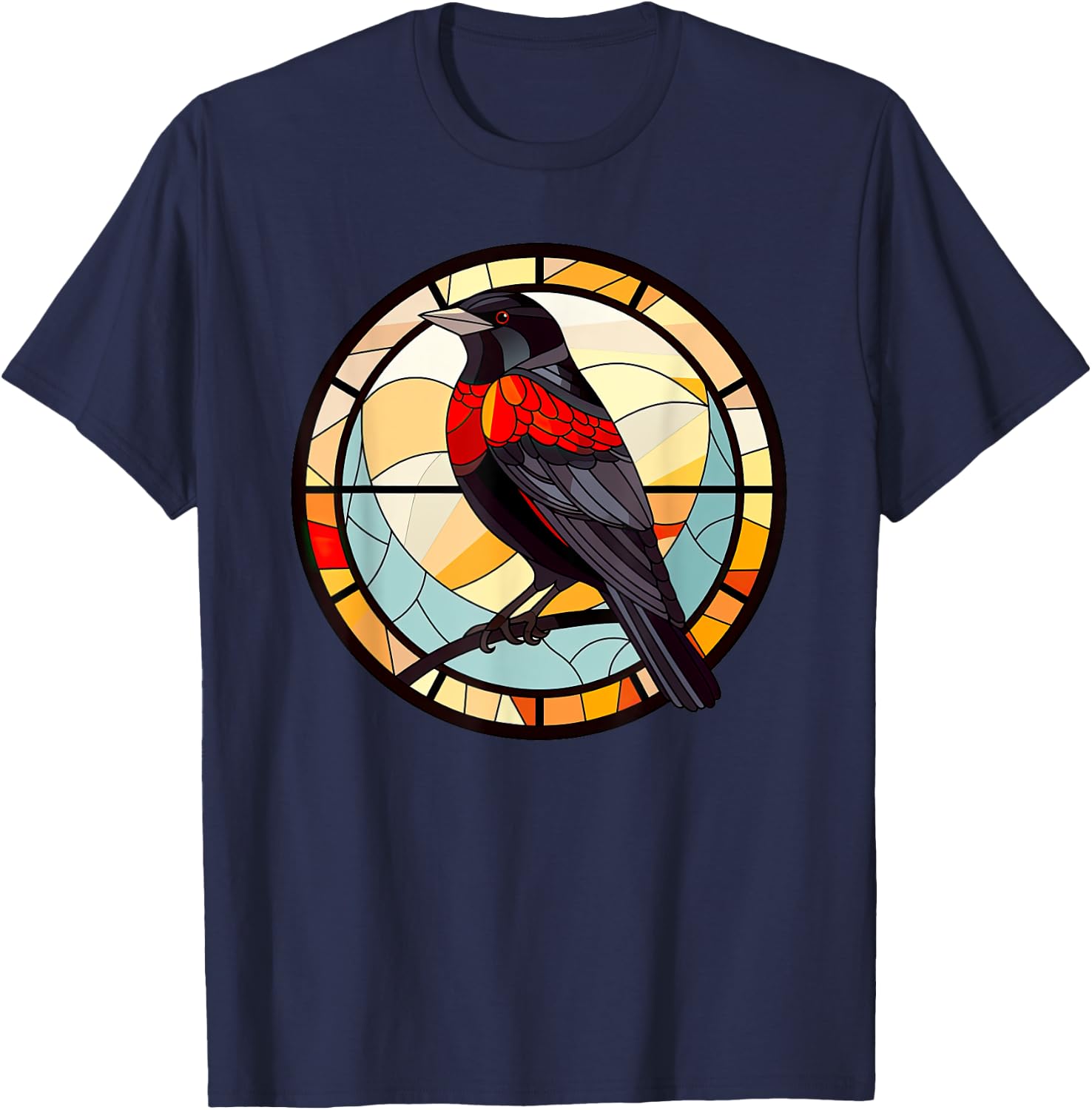 Red Winged Blackbird StainedGlass Red-Winged Blackbird Lover T-Shirt - T-Shirt | Navy