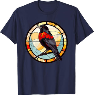 Red Winged Blackbird StainedGlass Red-Winged Blackbird Lover T-Shirt - T-Shirt | Navy