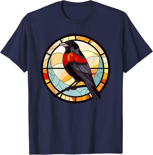 Red Winged Blackbird StainedGlass Red-Winged Blackbird Lover T-Shirt - T-Shirt | Navy