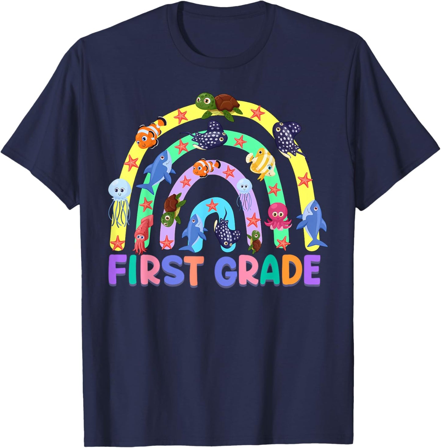 1St Grade Teacher Rainbow Ocean Animal First Grade Men Women Kids T-Shirt - T-Shirt | Navy