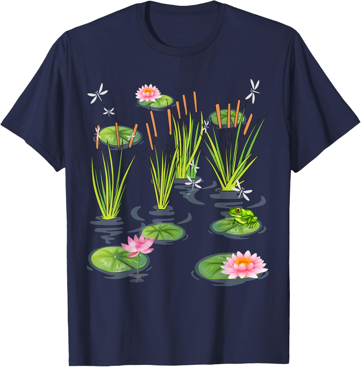 Water Lily Dragonflies with Frog on Lily Leaf Cattails T-Shirt - T-Shirt | Navy