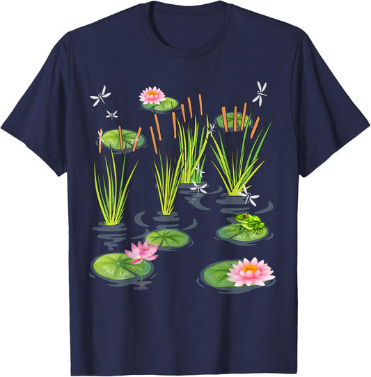 Water Lily Dragonflies with Frog on Lily Leaf Cattails T-Shirt - T-Shirt | Navy