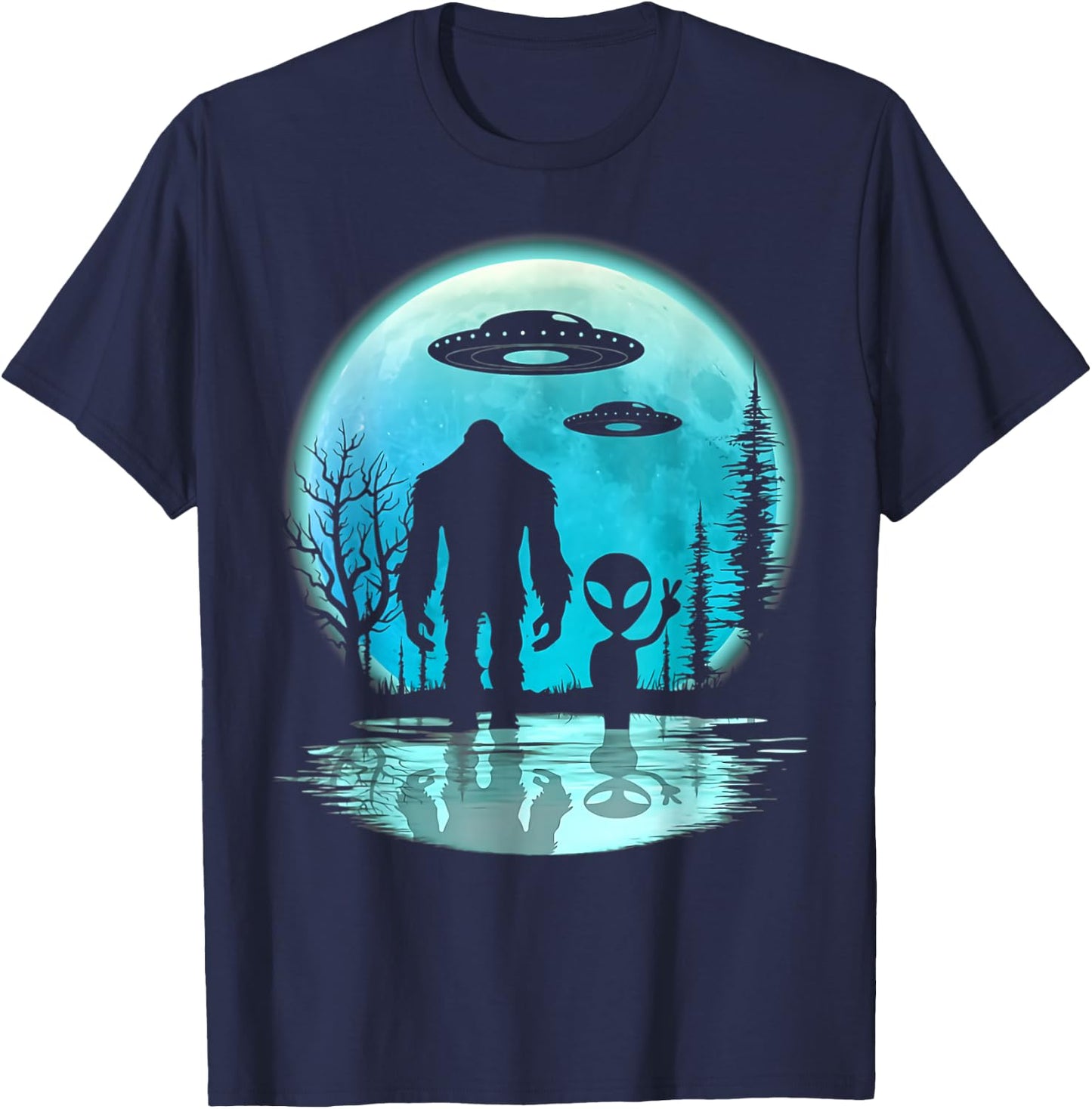 Alien And Bigfoot Moon T-Shirt - T-Shirt | Navy