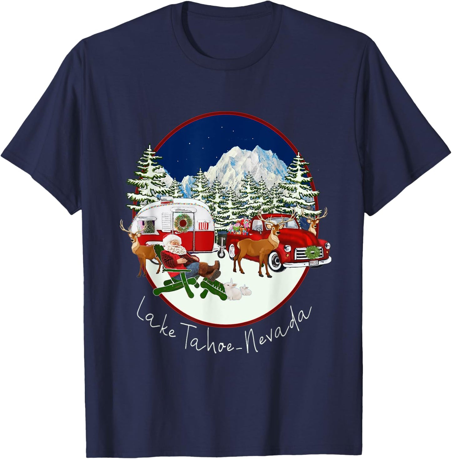 Lake Tahoe Nevada Mountain Santa Christmas Snow Fun Souvenir T-Shirt - T-Shirt | Navy