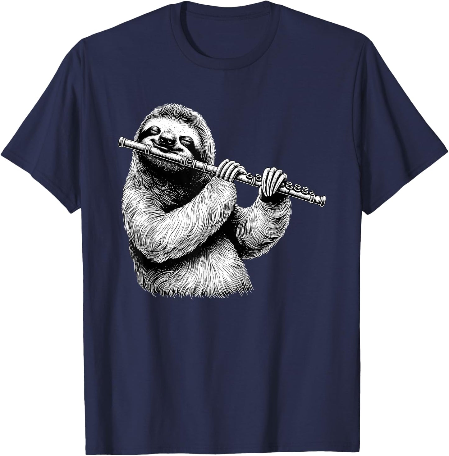 Sloth Playing Flute Flutist Player Instrument Musician T-Shirt - T-Shirt | Navy