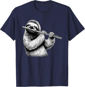 Sloth Playing Flute Flutist Player Instrument Musician T-Shirt - T-Shirt | Navy