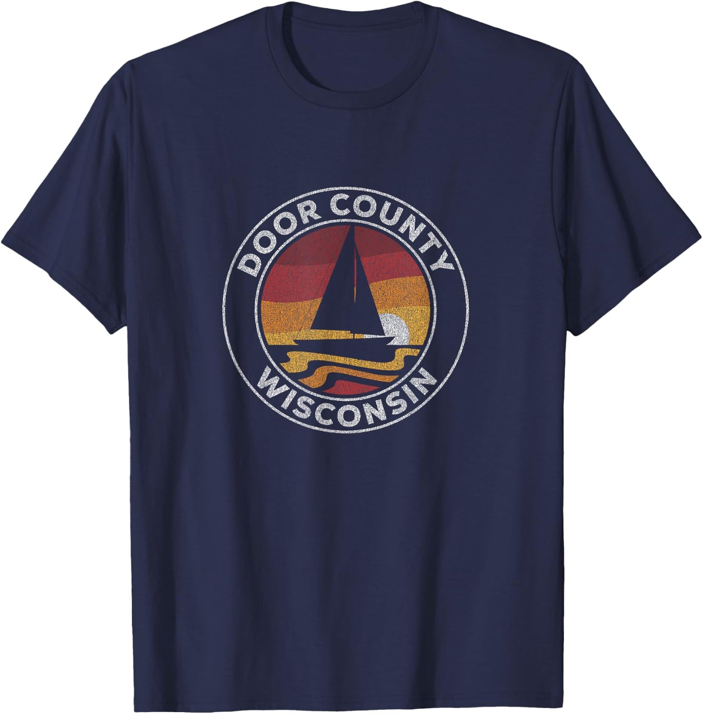 Door County Wisconsin Vintage Sailboat 70s Retro Sunset T-Shirt - T-Shirt | Navy