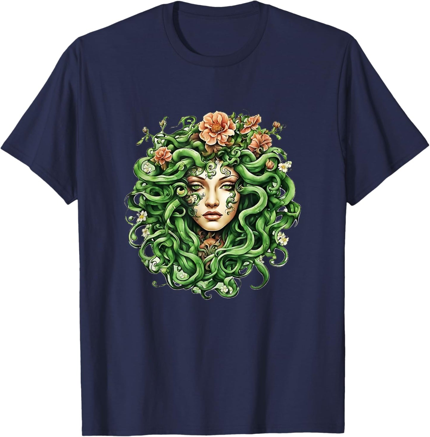 Head of Medusa with flowers Gift Men Women T-Shirt - T-Shirt | Navy