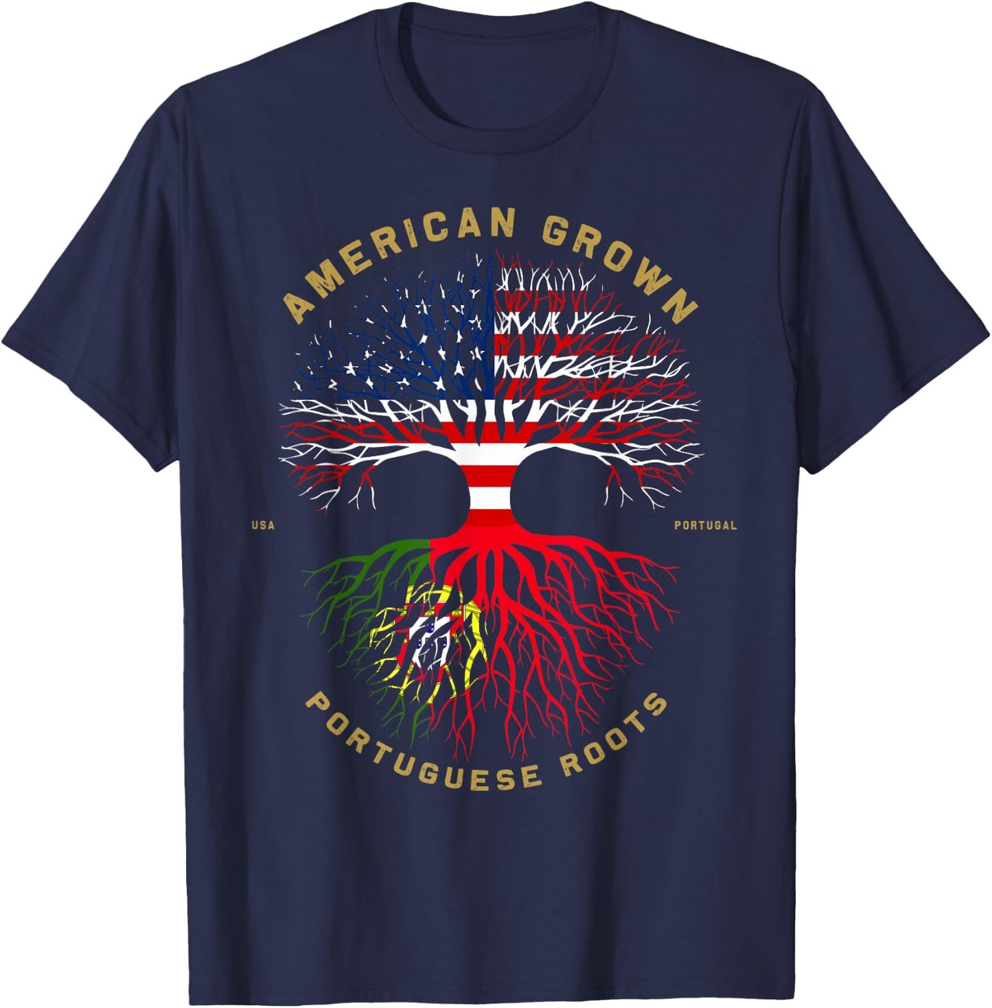 American Grown with Portuguese Roots Tree USA Flag Gifts T-Shirt - T-Shirt | Navy