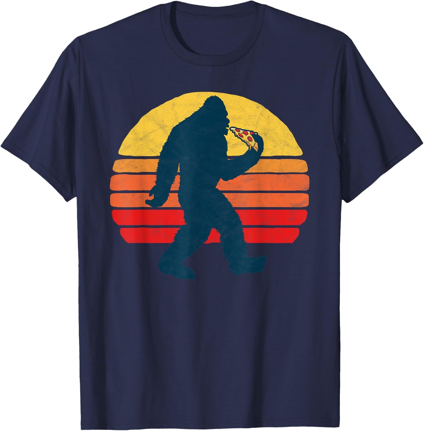 Sasquatch and Pizza! Funny Eating Bigfoot & 80s Sun Graphic T-Shirt - T-Shirt | Navy