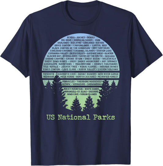US National Parks List Word Cloud Art Design on Back T-Shirt - T-Shirt | Navy