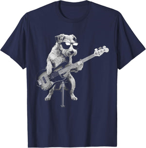 Guitarist Dog Playing Bass Guitar - Funny Guitar Dog T-Shirt - T-Shirt | Navy