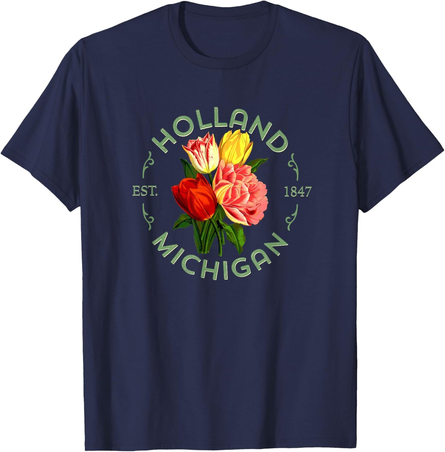 Holland Michigan Botanical Tulip Floral Women Girls Gardener T-Shirt - T-Shirt | Navy