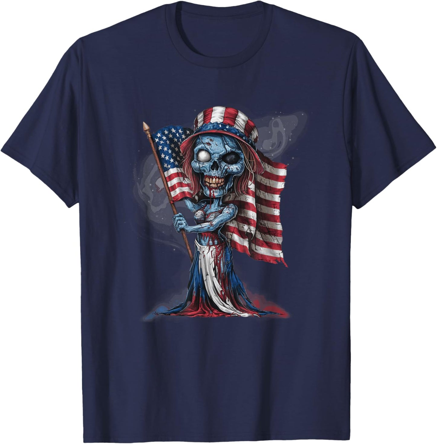 Patriotic Skeleton Halloween American Flag Gothic Horror T-Shirt - T-Shirt | Navy